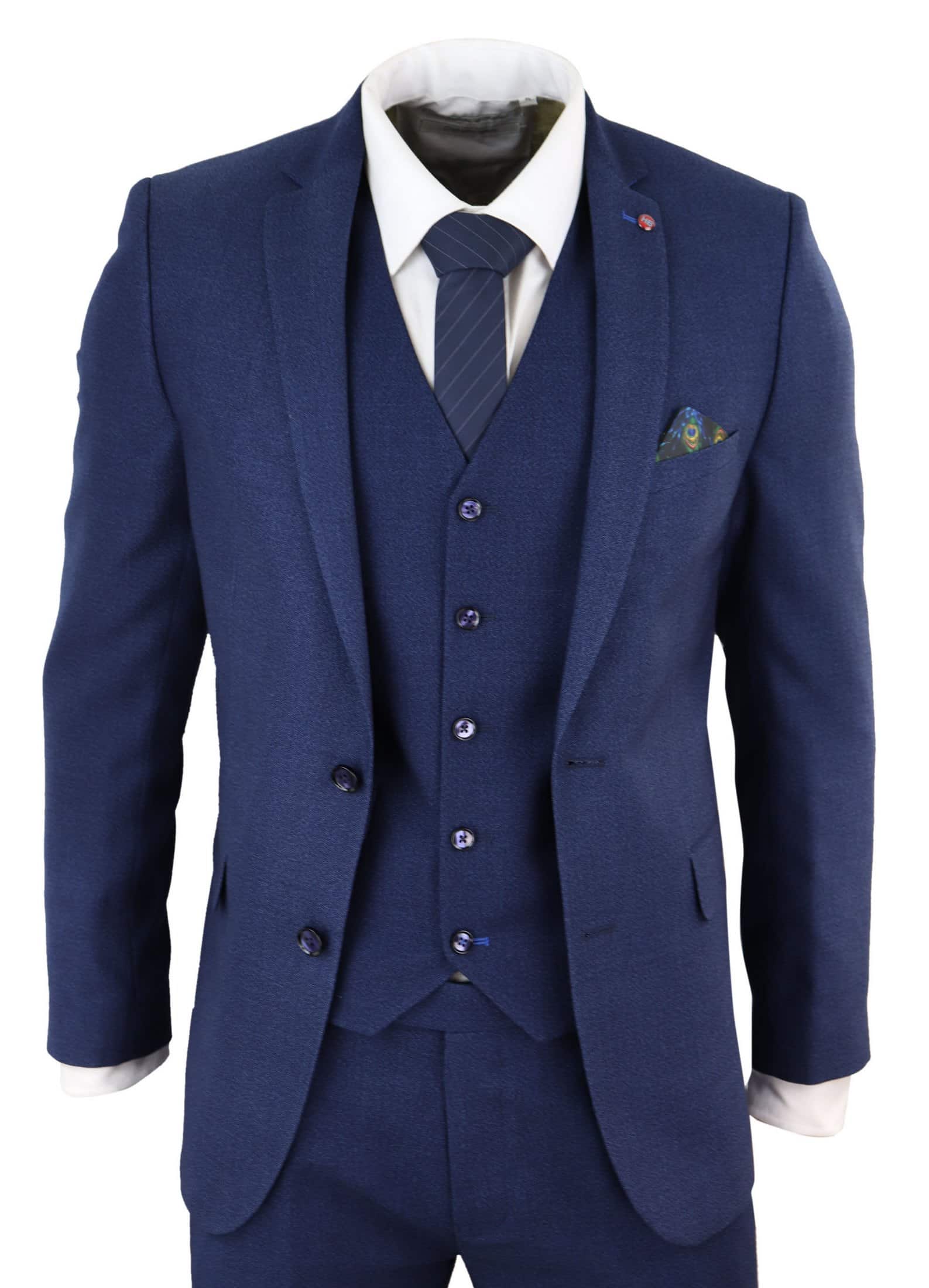 Traje de tres piezas azul marino ajustado para hombre