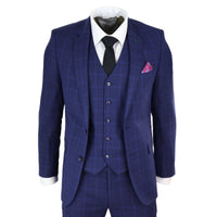 Traje de boda de tres piezas para hombre, azul marino a cuadros.