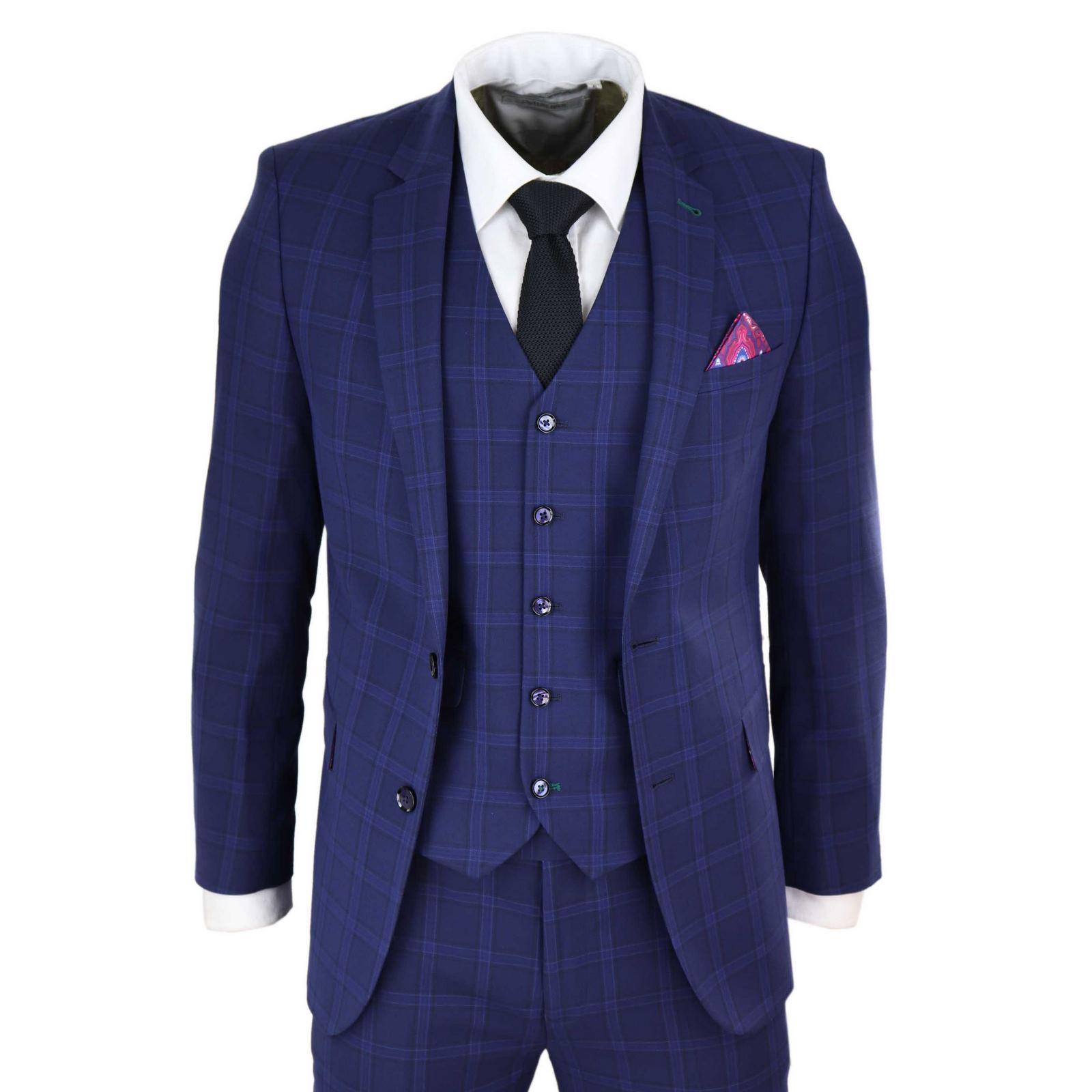 Traje de boda de tres piezas para hombre, azul marino a cuadros.
