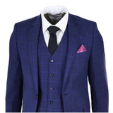 Traje de boda de tres piezas para hombre, azul marino a cuadros.