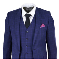 Traje de boda de tres piezas para hombre, azul marino a cuadros.