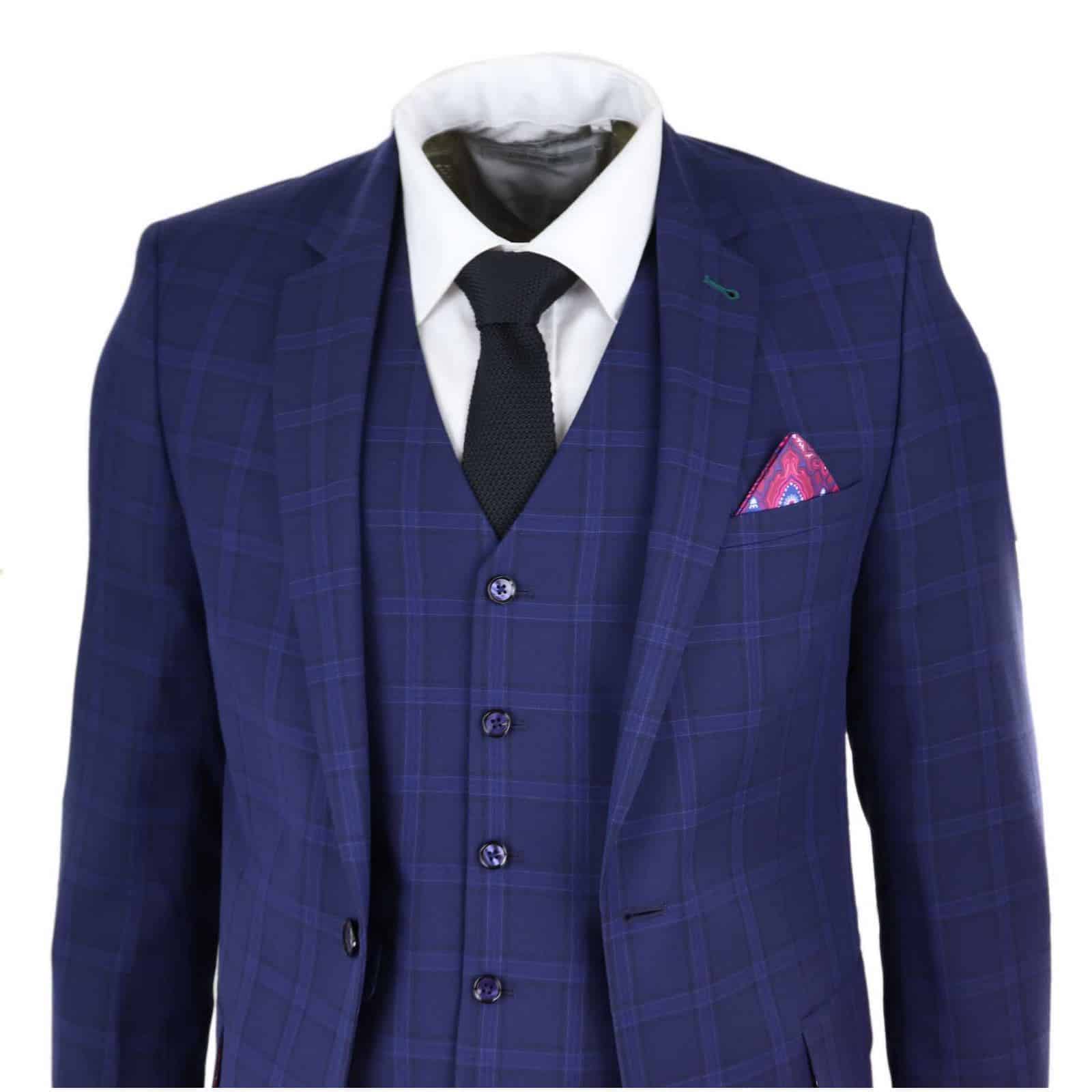 Traje de boda de tres piezas para hombre, azul marino a cuadros.