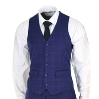 Traje de boda de tres piezas para hombre, azul marino a cuadros.