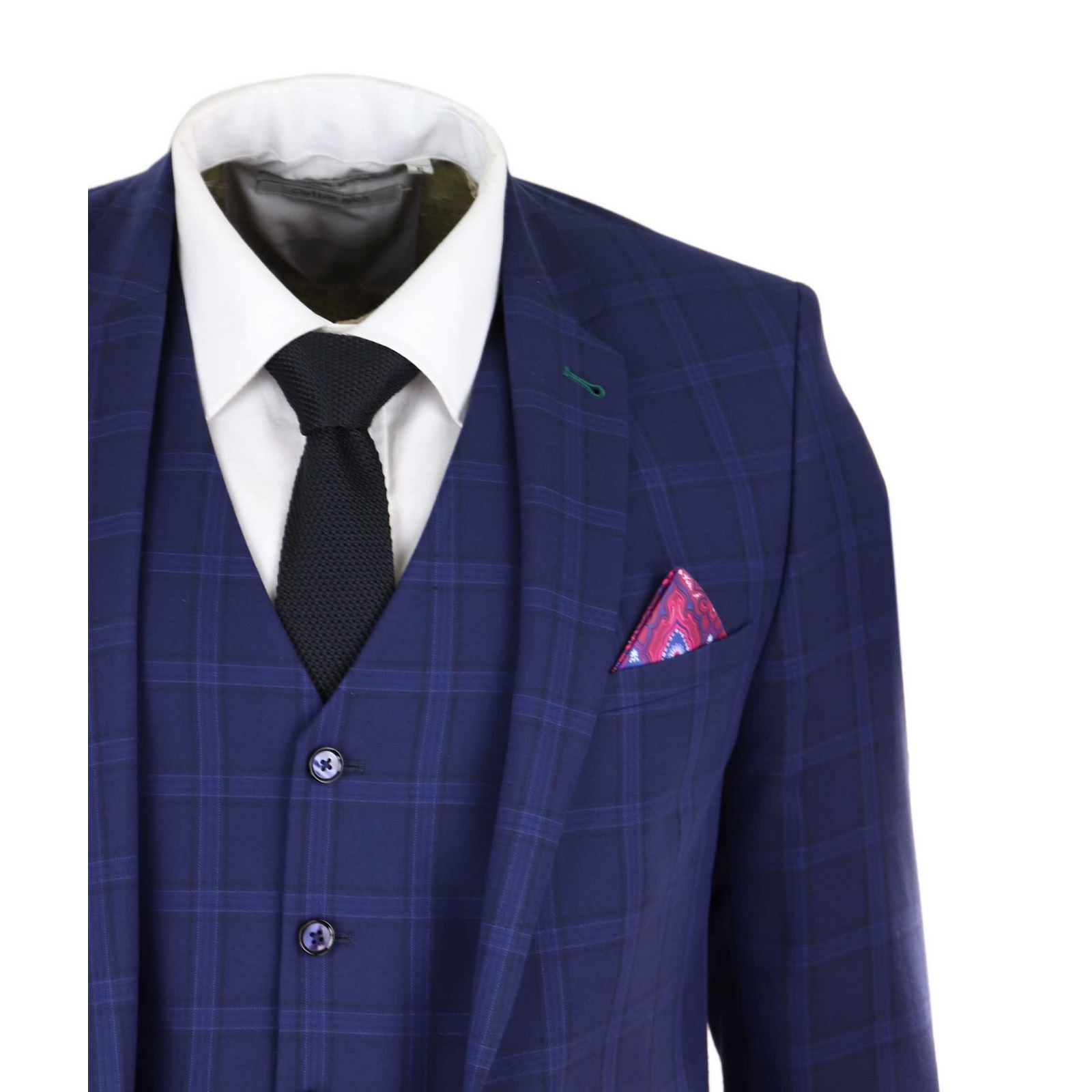 Traje de boda de tres piezas para hombre, azul marino a cuadros.