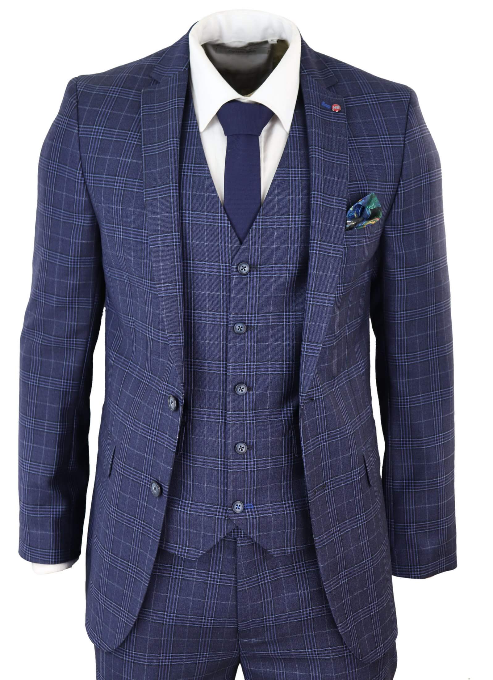 Traje de tres piezas de corte ajustado a cuadros azul marino para hombre