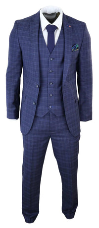 Traje de tres piezas de corte ajustado a cuadros azul marino para hombre