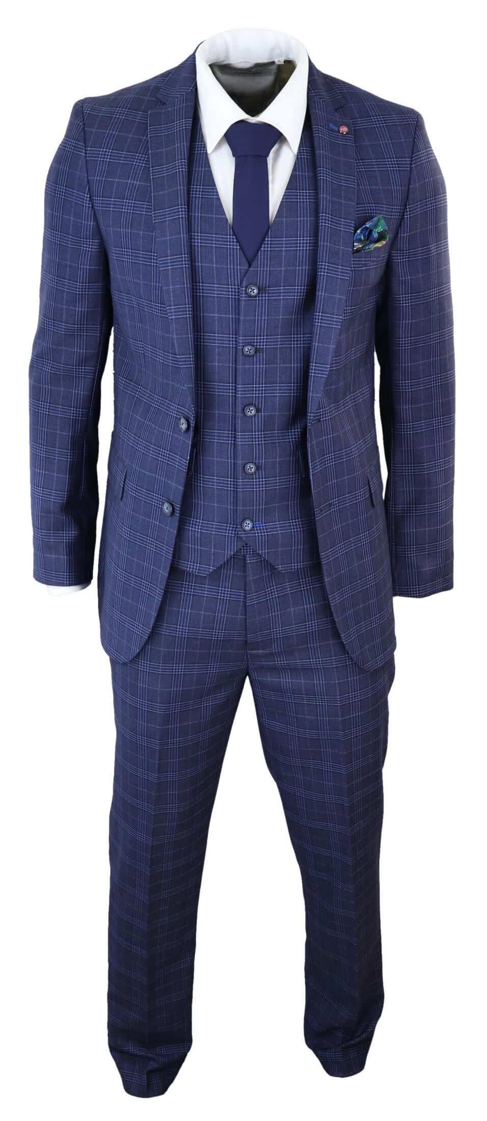 Traje de tres piezas de corte ajustado a cuadros azul marino para hombre