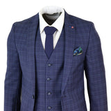 Traje de tres piezas de corte ajustado a cuadros azul marino para hombre