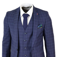 Traje de tres piezas de corte ajustado a cuadros azul marino para hombre