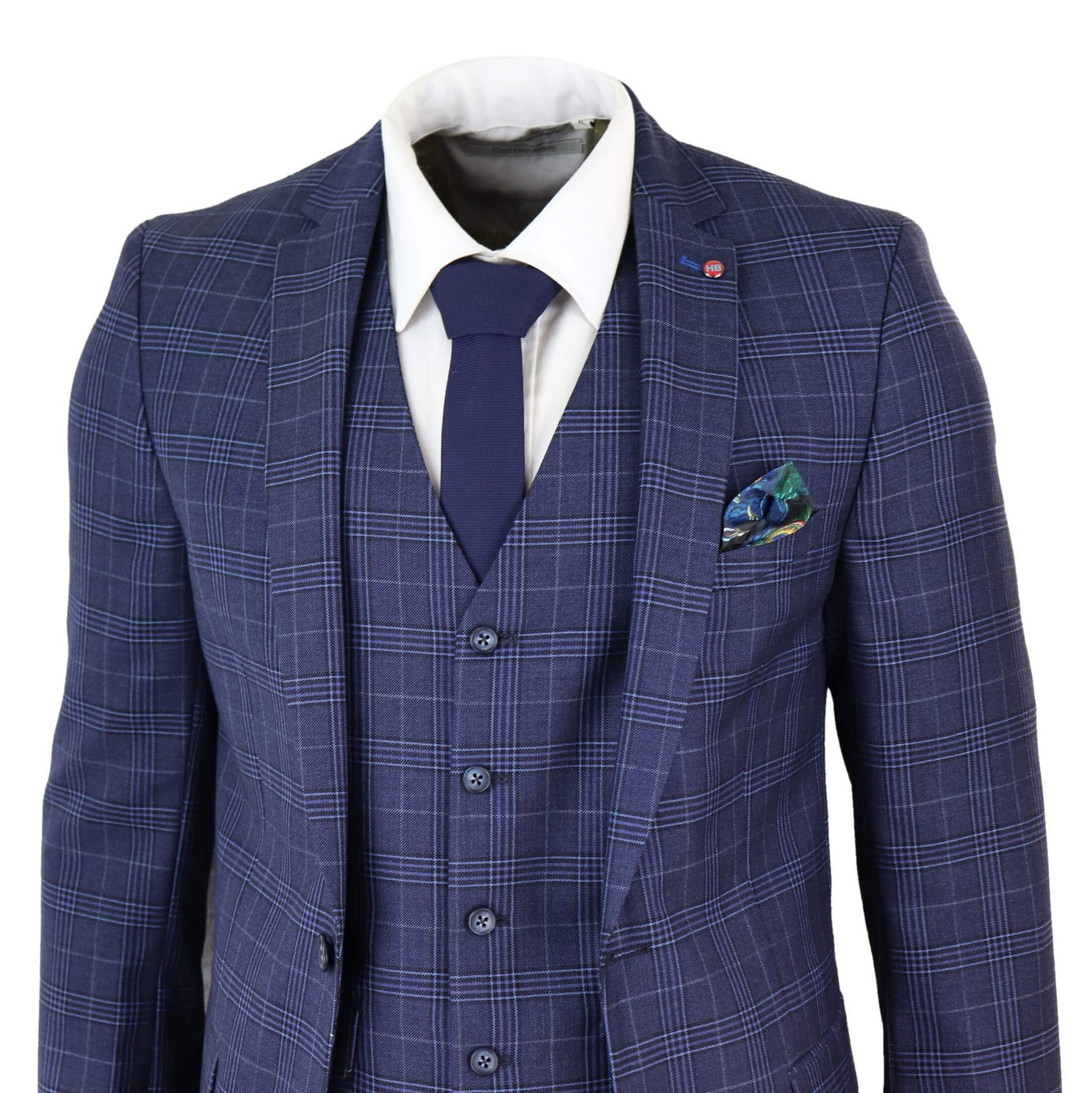 Traje de tres piezas de corte ajustado a cuadros azul marino para hombre