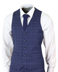Traje de tres piezas de corte ajustado a cuadros azul marino para hombre