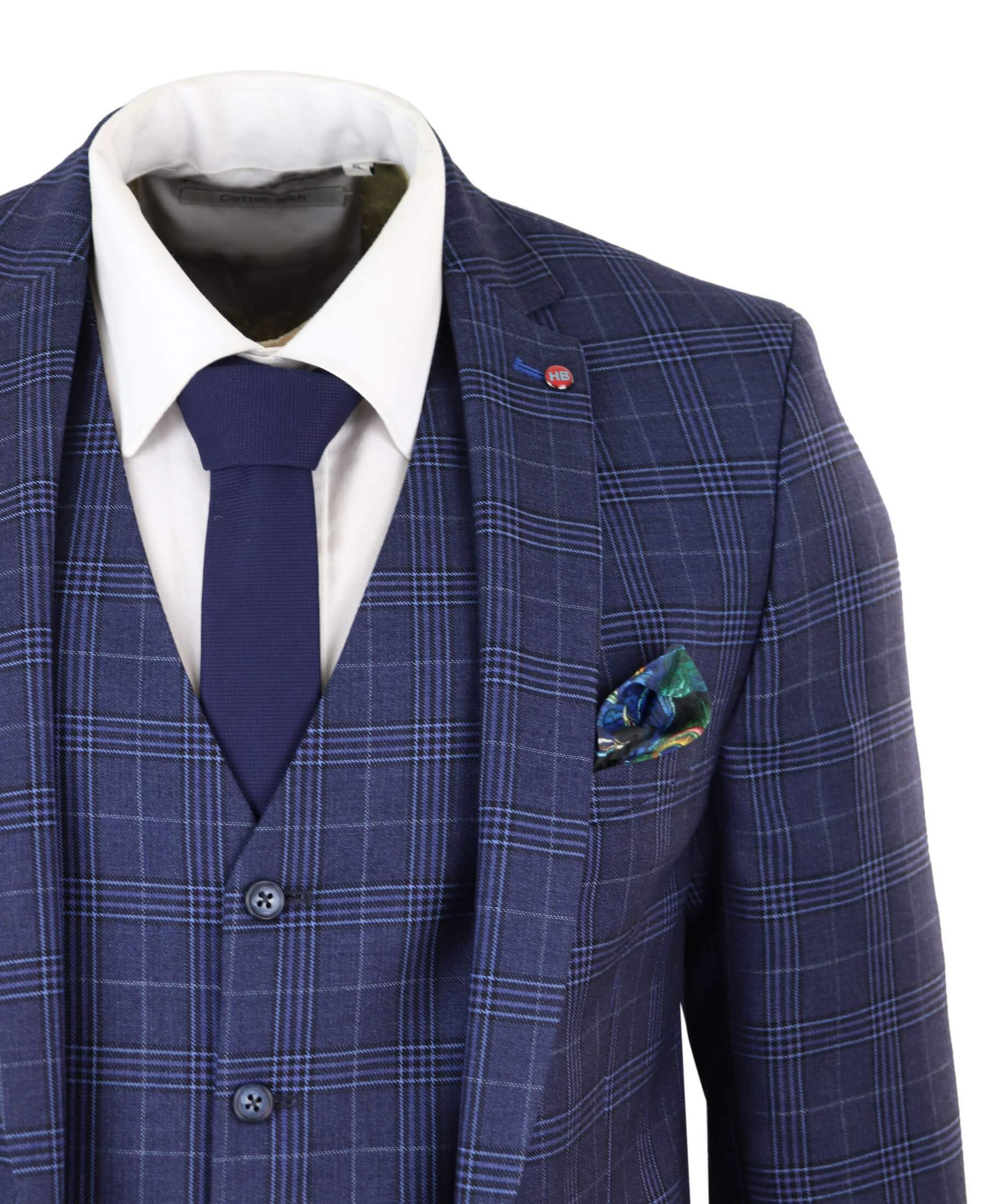 Traje de tres piezas de corte ajustado a cuadros azul marino para hombre