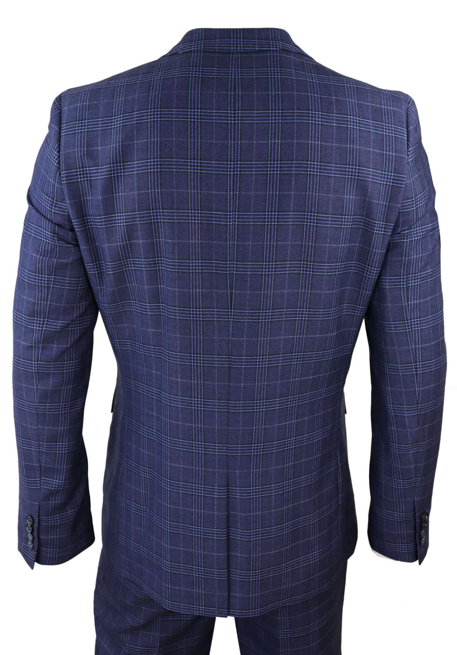 Traje de tres piezas de corte ajustado a cuadros azul marino para hombre