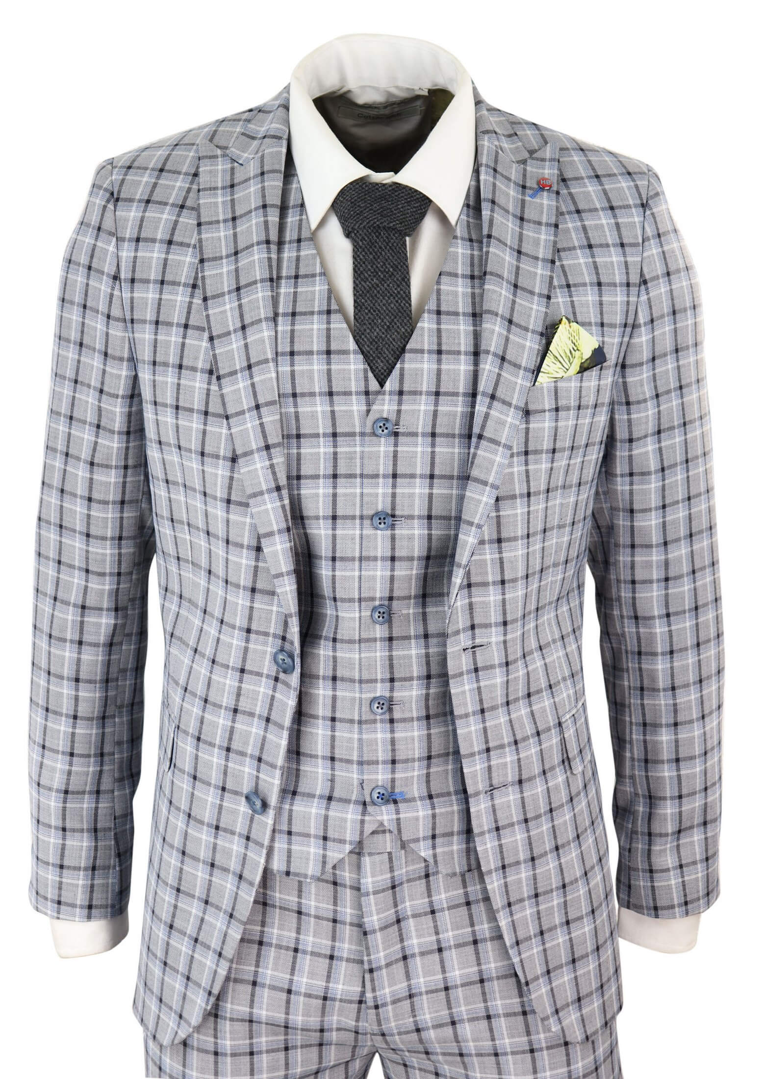 Traje de tres piezas para hombre, color gris, con estampado de gallo pince de ballena.