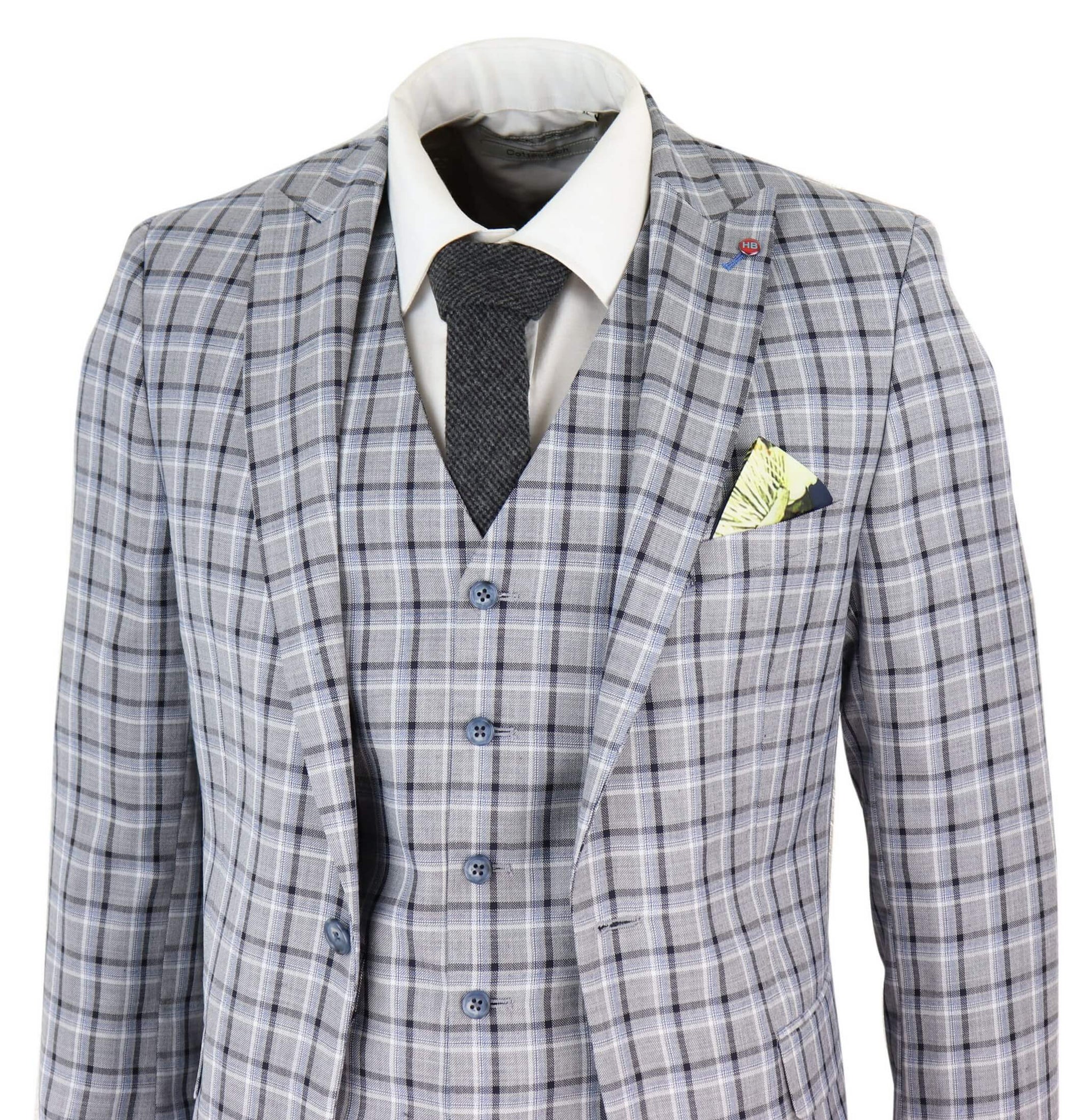 Traje de tres piezas para hombre, color gris, con estampado de gallo pince de ballena.