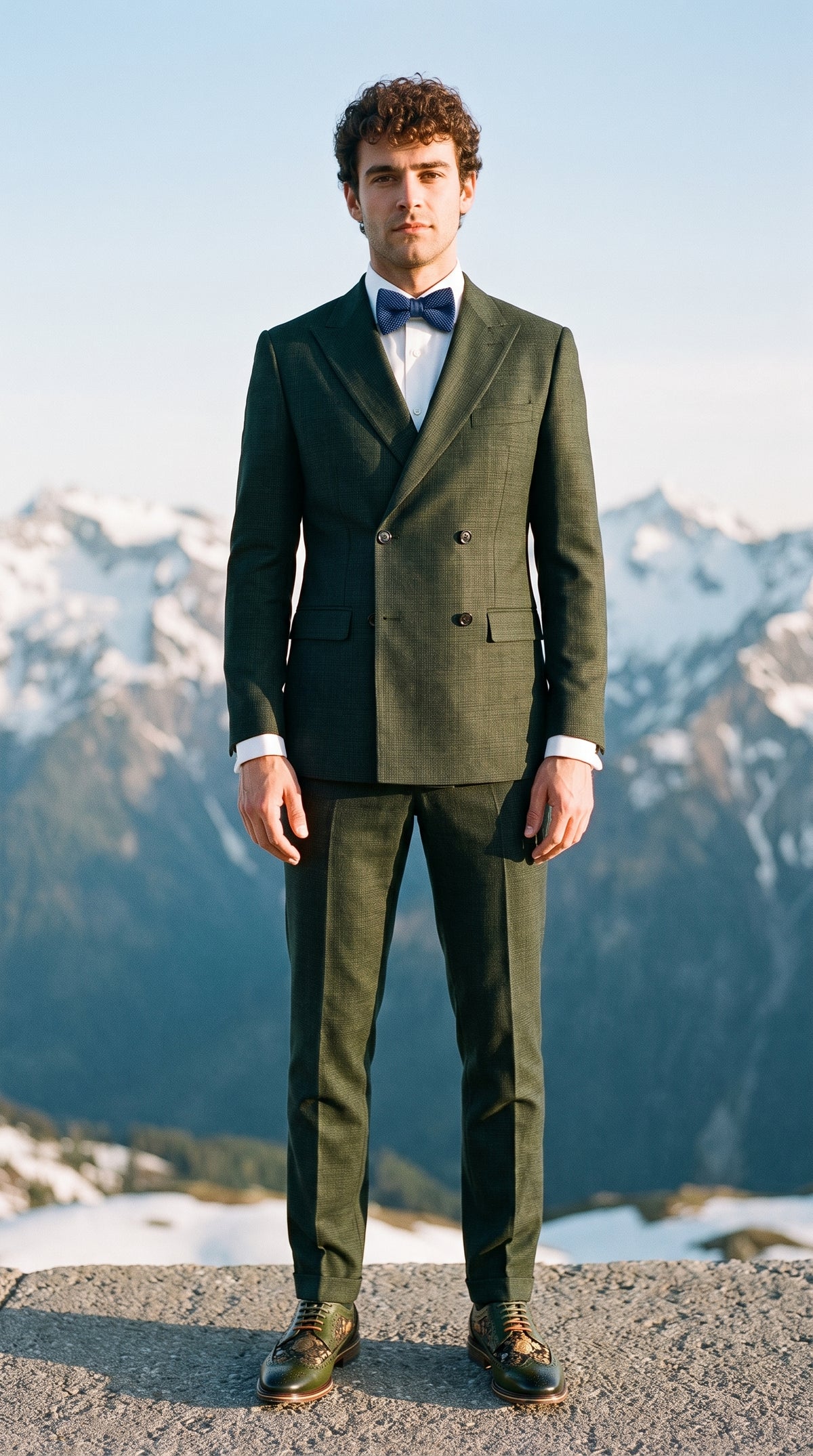 Look #345 styled with Caridi - Traje cruzado de dos piezas para hombre en color verde oliva