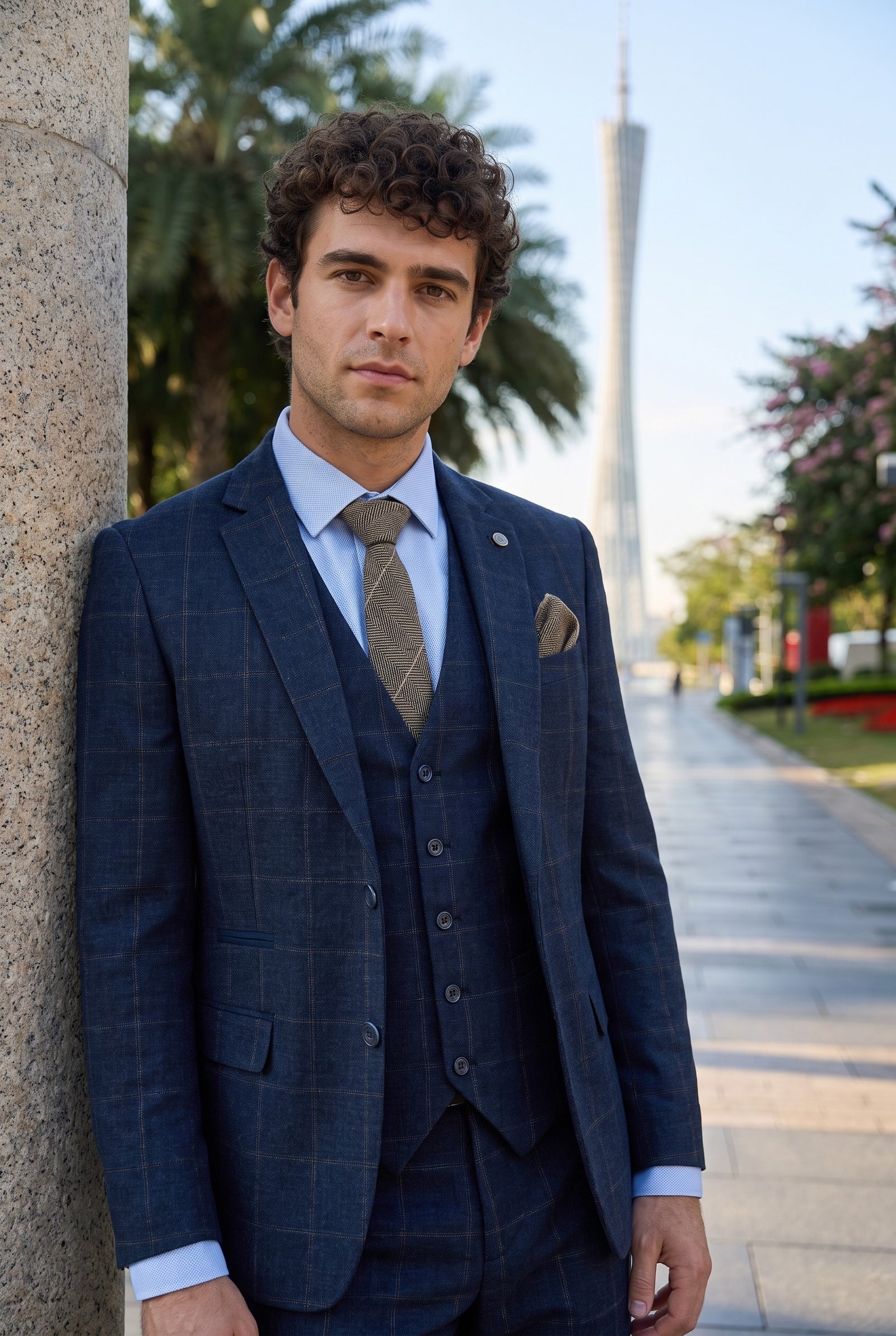 Look #729 styled with Traje de hombre de 3 piezas de lana tweed azul marino a cuadros marrones estilo Gatsby de los años 20