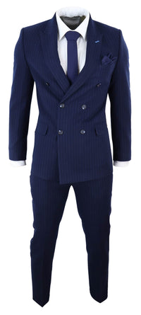 Traje de mafia cruzado a rayas azul marino