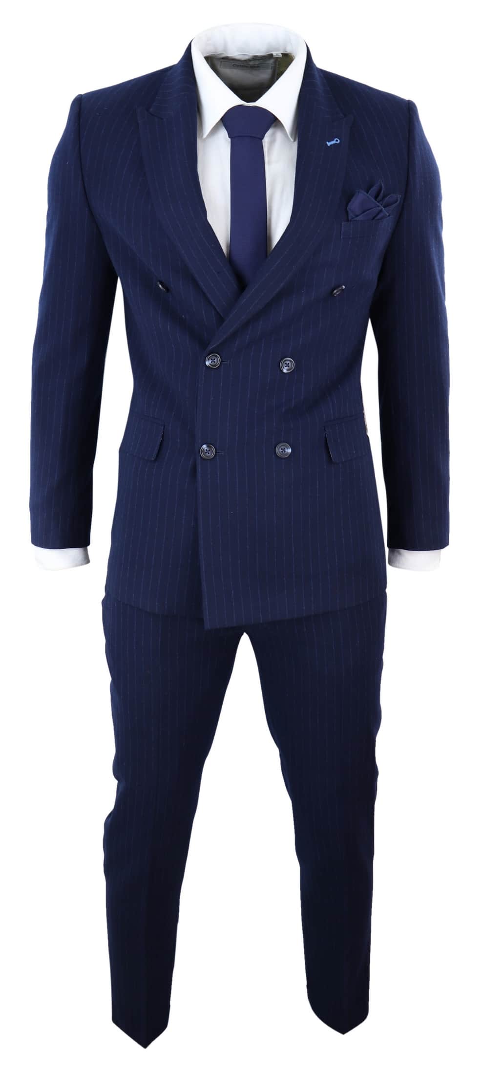 Traje de mafia cruzado a rayas azul marino