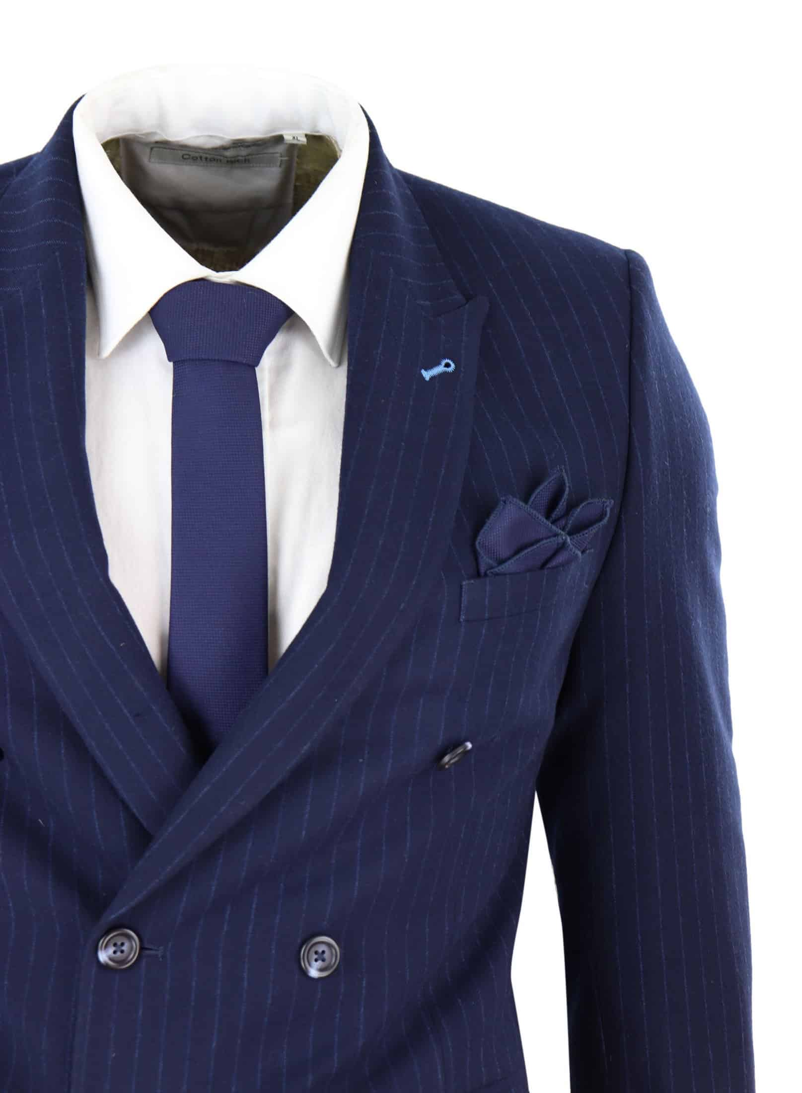 Traje de mafia cruzado a rayas azul marino