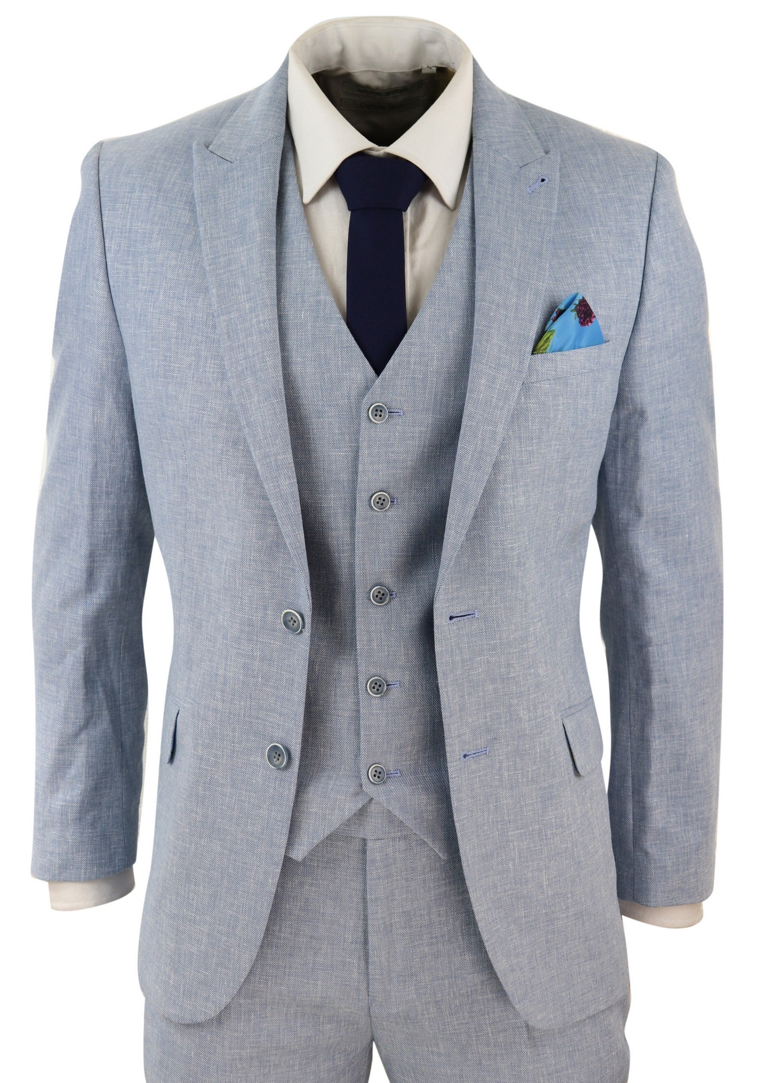 Traje de lino azul claro de 3 piezas para hombre