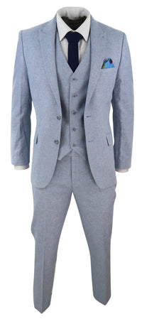 Traje de lino azul claro de 3 piezas para hombre