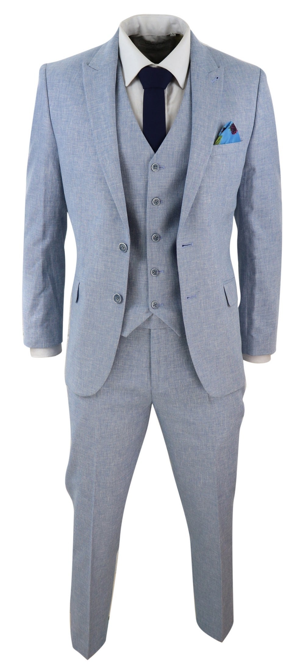 Traje de lino azul claro de 3 piezas para hombre
