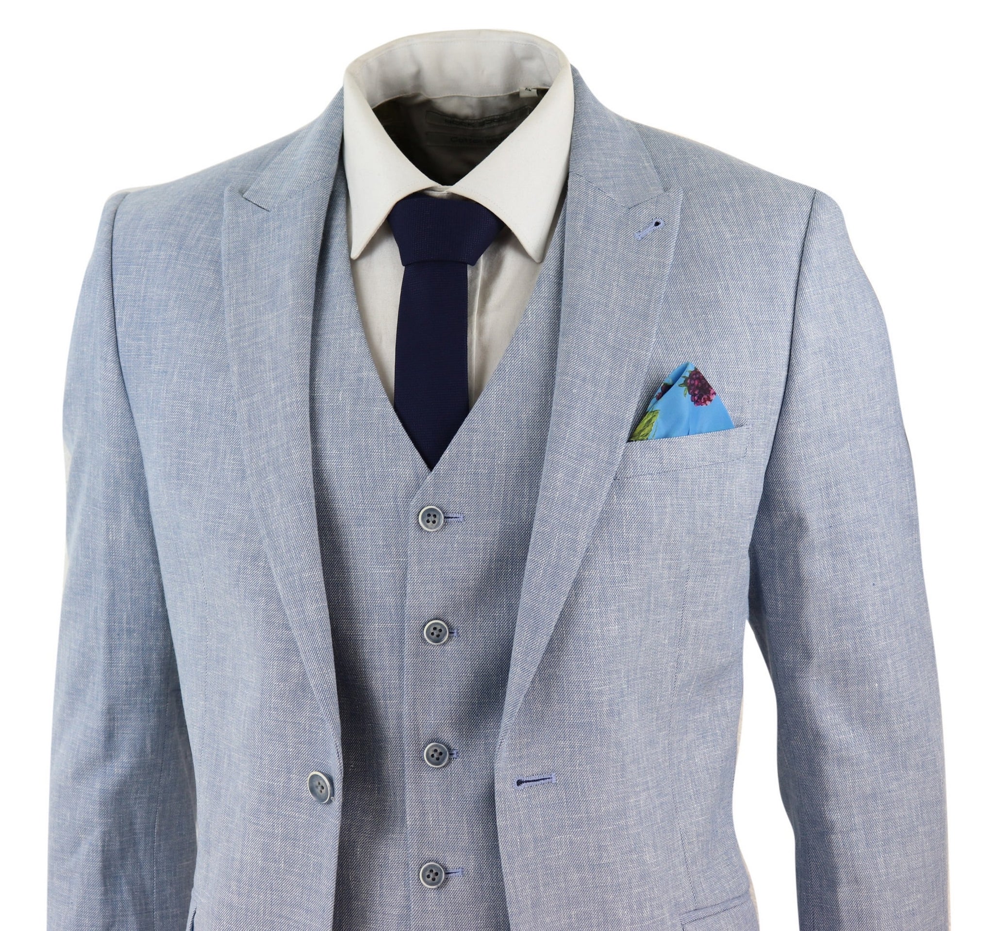 Traje de lino azul claro de 3 piezas para hombre