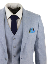 Traje de lino azul claro de 3 piezas para hombre