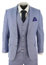Traje de lino azul de 3 piezas para hombre