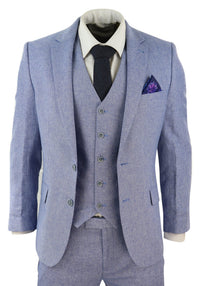 Traje de lino azul de 3 piezas para hombre