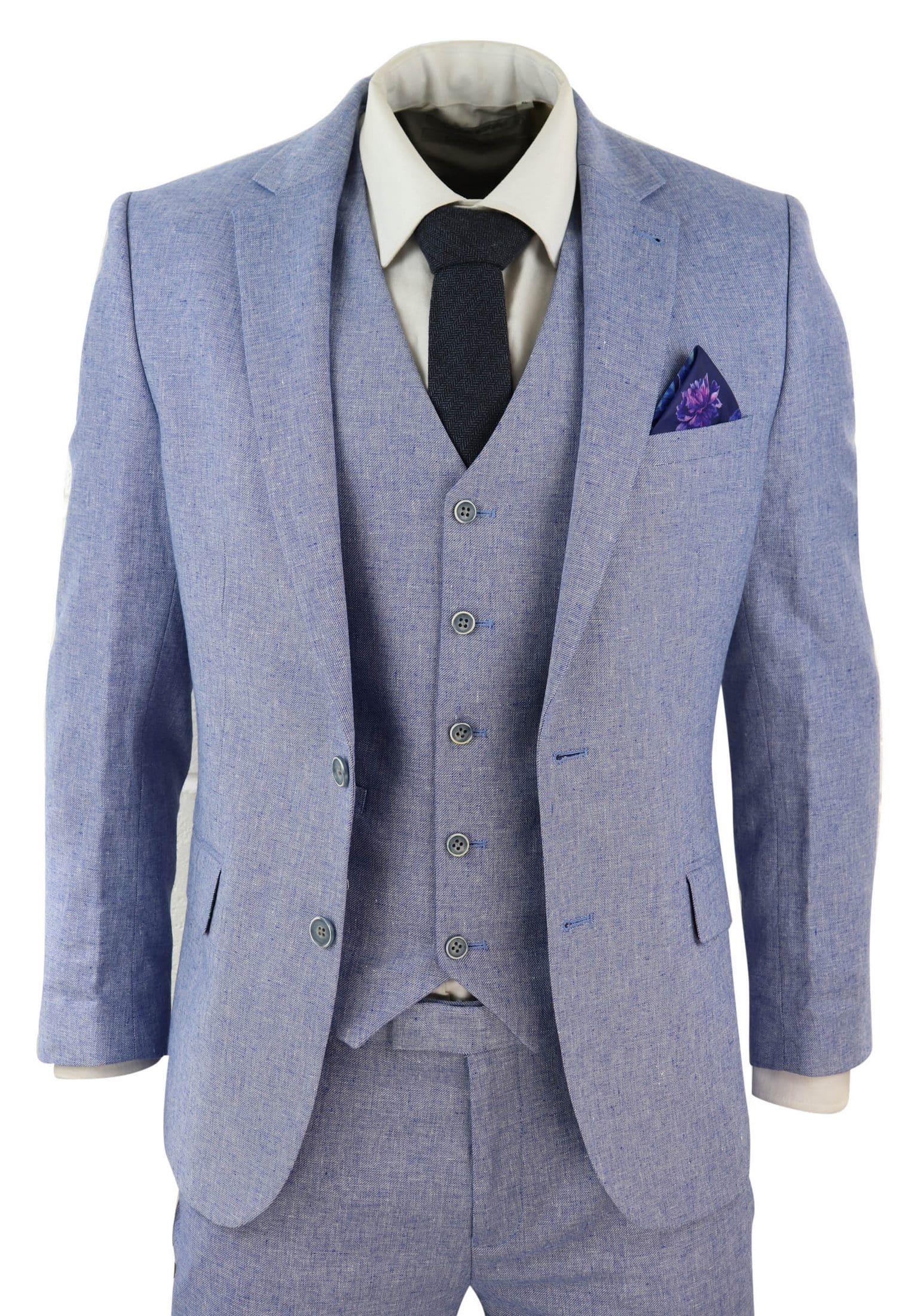 Traje de lino azul de 3 piezas para hombre
