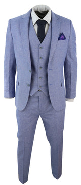 Traje de lino azul de 3 piezas para hombre