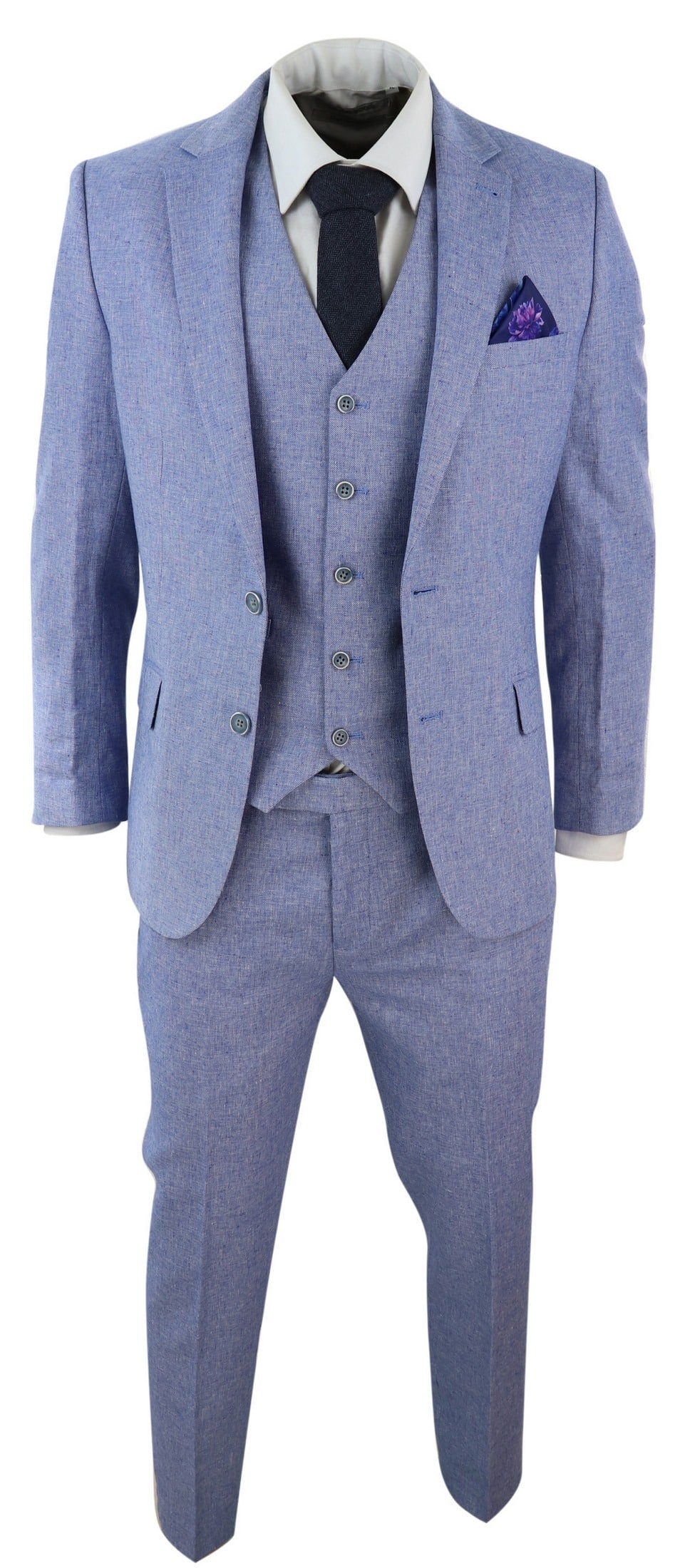 Traje de lino azul de 3 piezas para hombre