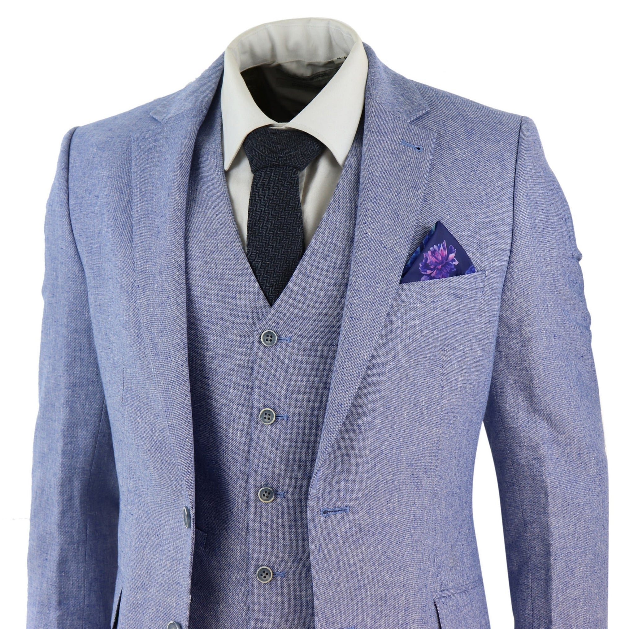 Traje de lino azul de 3 piezas para hombre