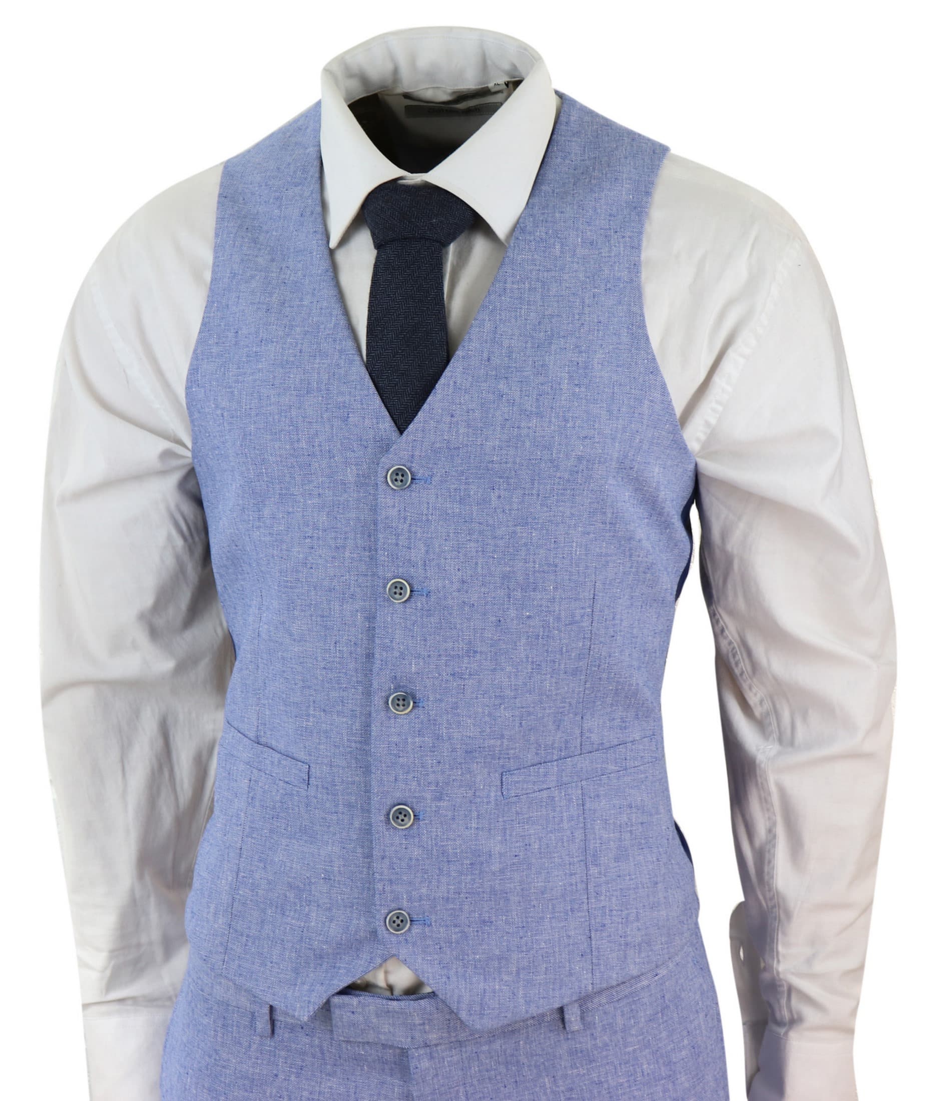 Traje de lino azul de 3 piezas para hombre