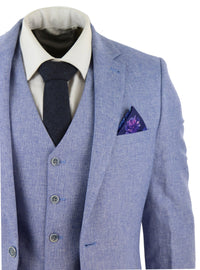 Traje de lino azul de 3 piezas para hombre