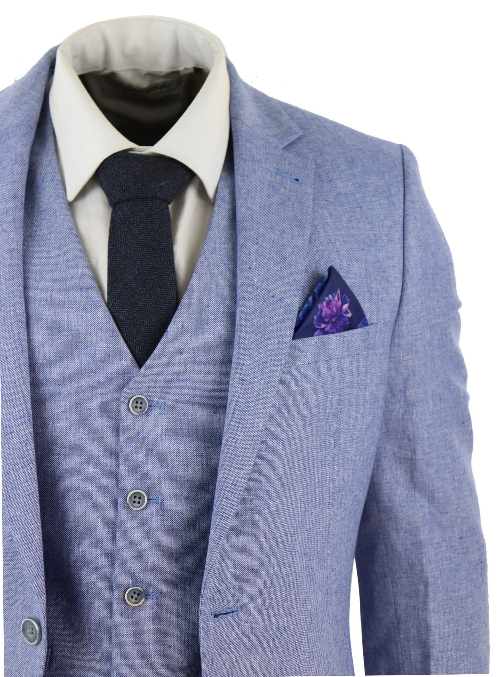 Traje de lino azul de 3 piezas para hombre