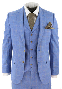 Traje de tres piezas de lino azul claro para hombre