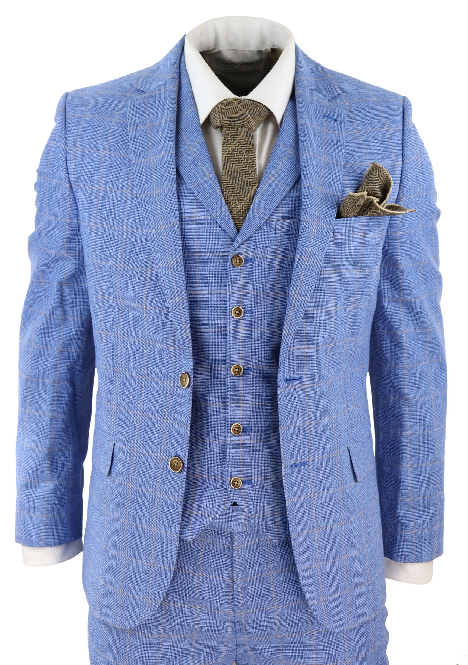 Traje de tres piezas de lino azul claro para hombre