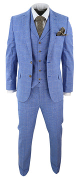 Traje de tres piezas de lino azul claro para hombre