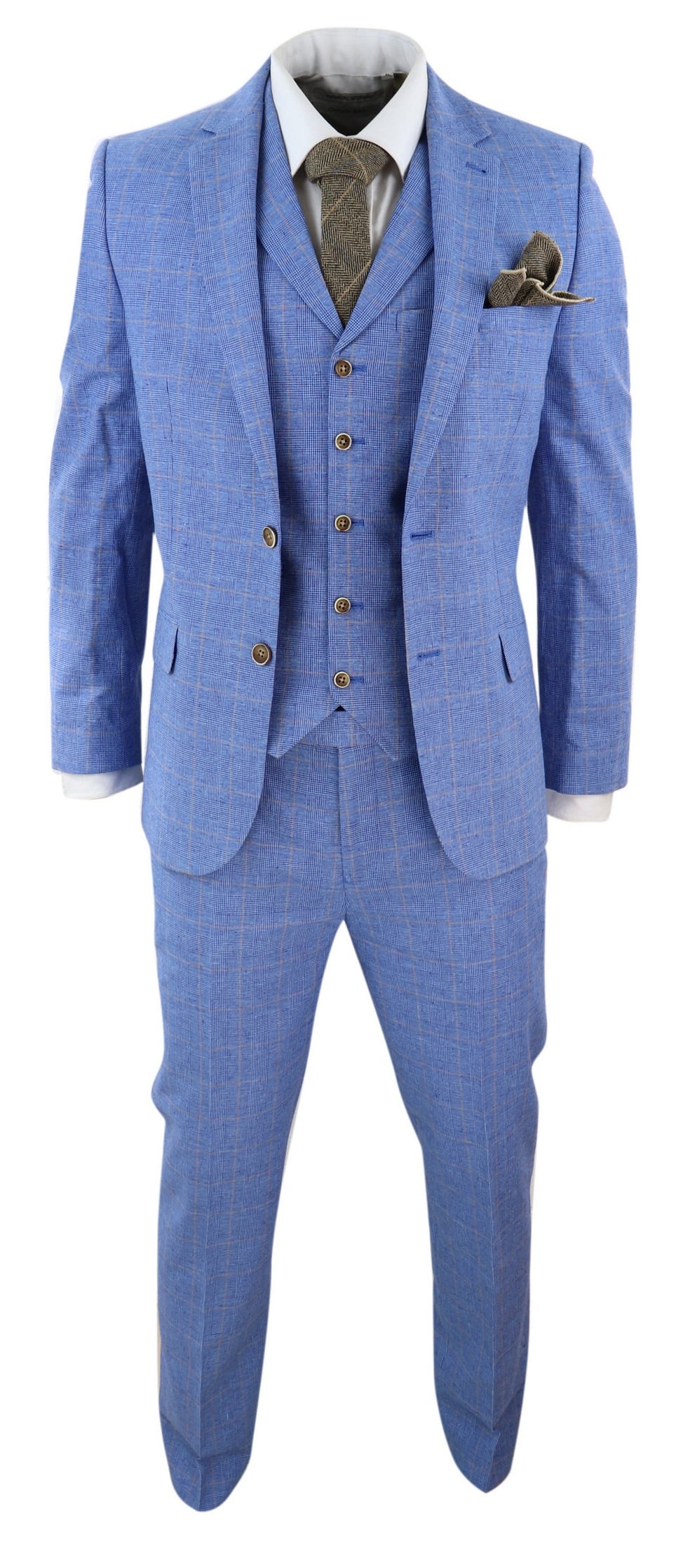Traje de tres piezas de lino azul claro para hombre