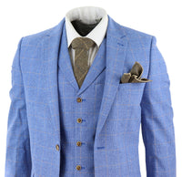 Traje de tres piezas de lino azul claro para hombre