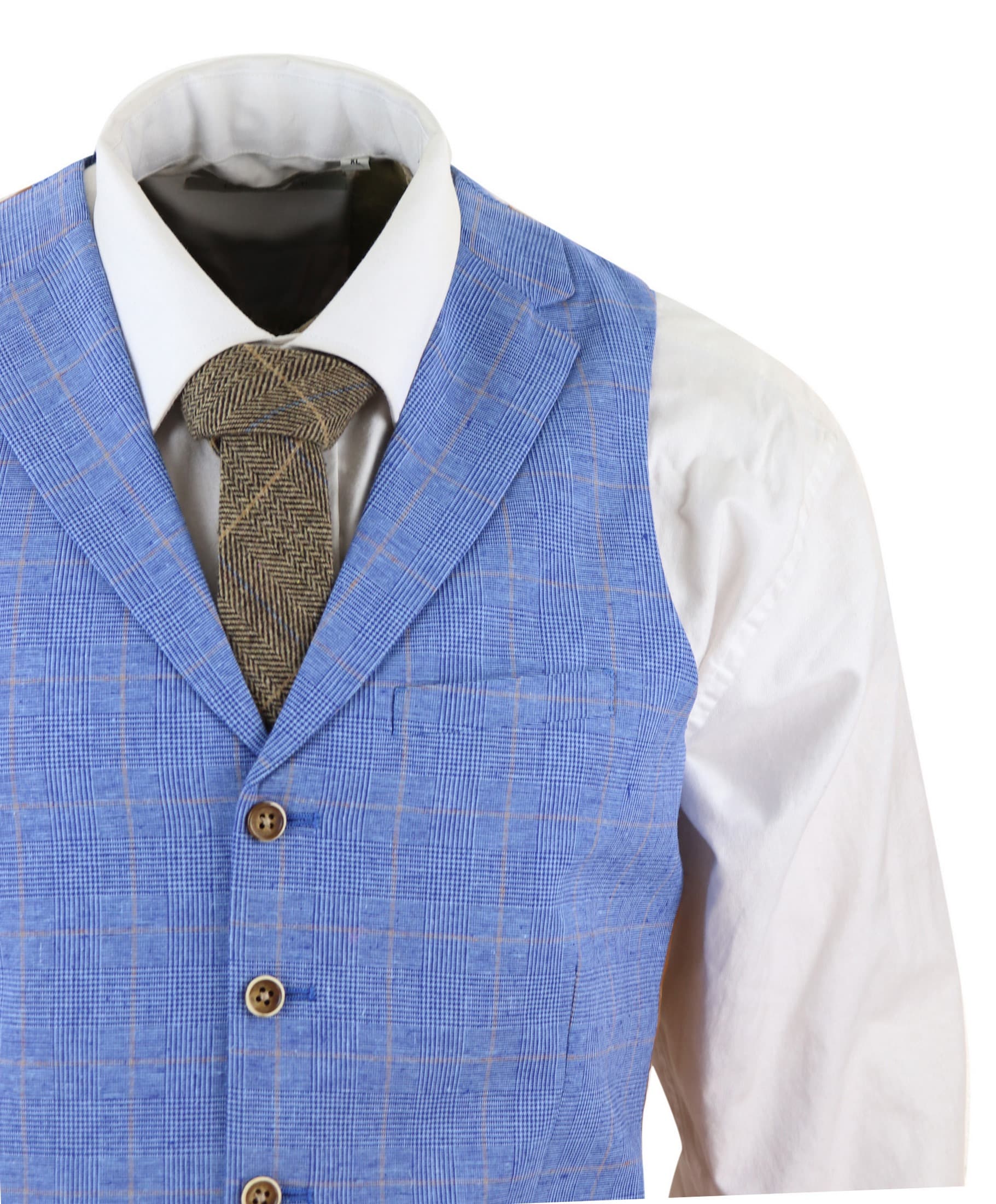 Traje de tres piezas de lino azul claro para hombre