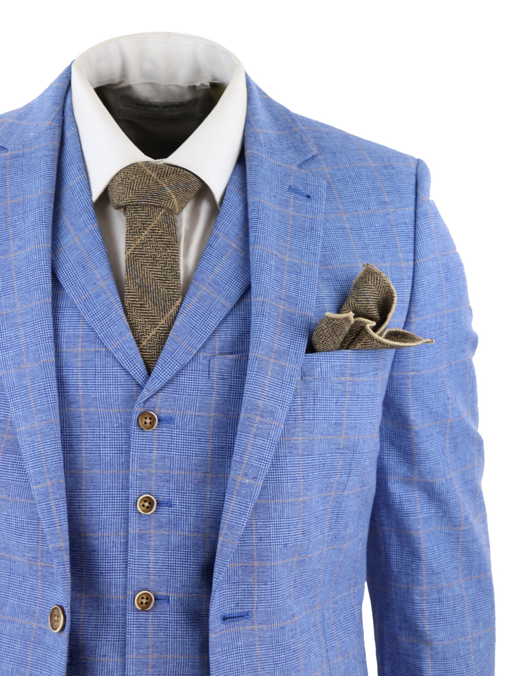 Traje de tres piezas de lino azul claro para hombre