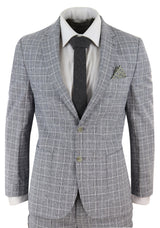 Traje de lino de dos piezas para hombre, a cuadros negros y grises.