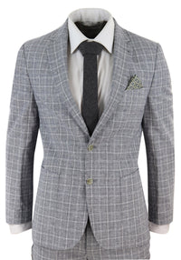 Traje de lino de dos piezas para hombre, a cuadros negros y grises.