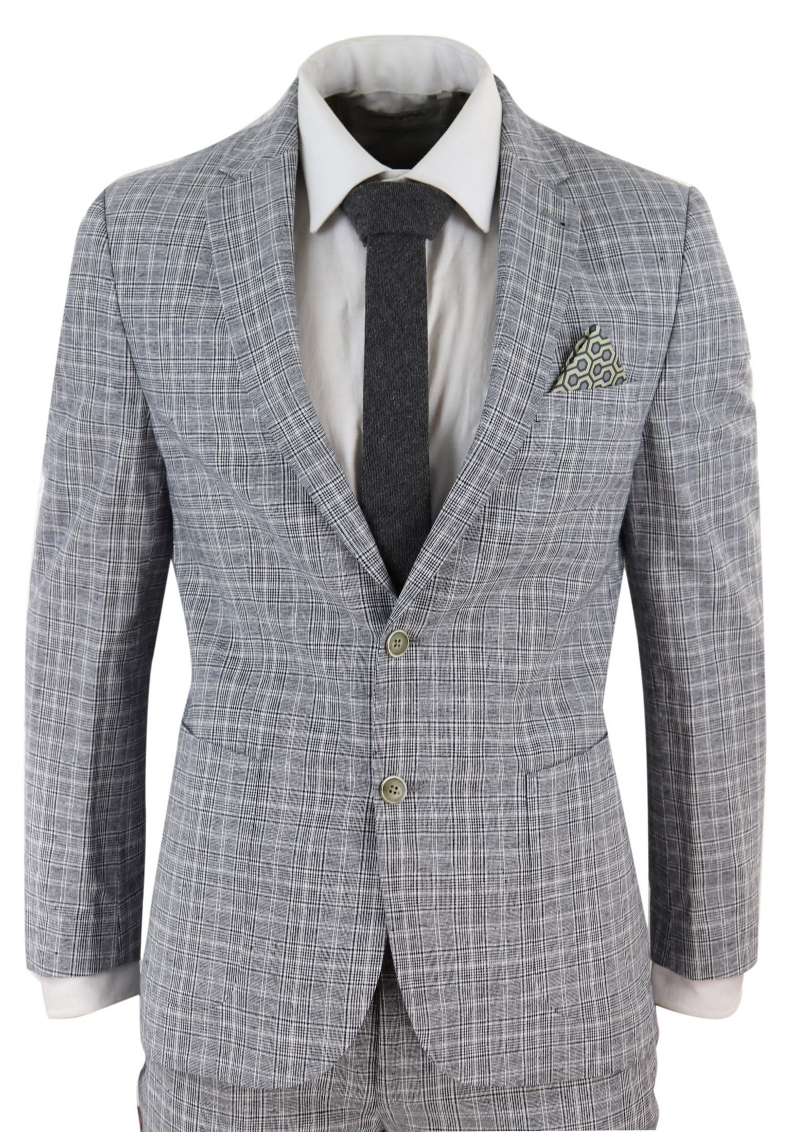 Traje de lino de dos piezas para hombre, a cuadros negros y grises.