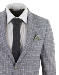 Traje de lino de dos piezas para hombre, a cuadros negros y grises.
