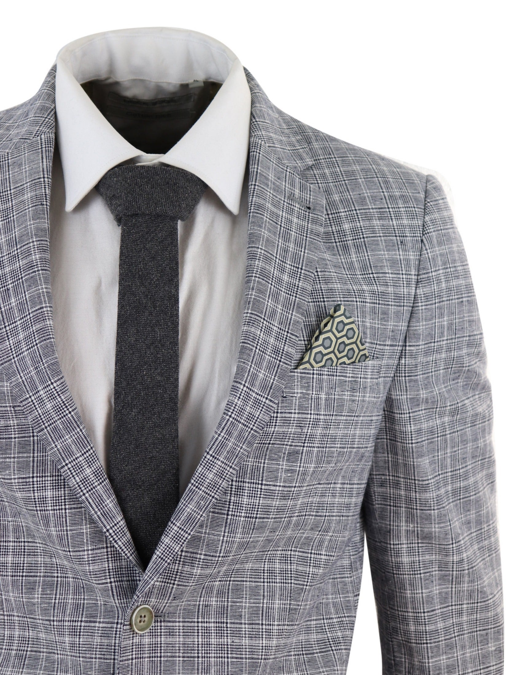 Traje de lino de dos piezas para hombre, a cuadros negros y grises.